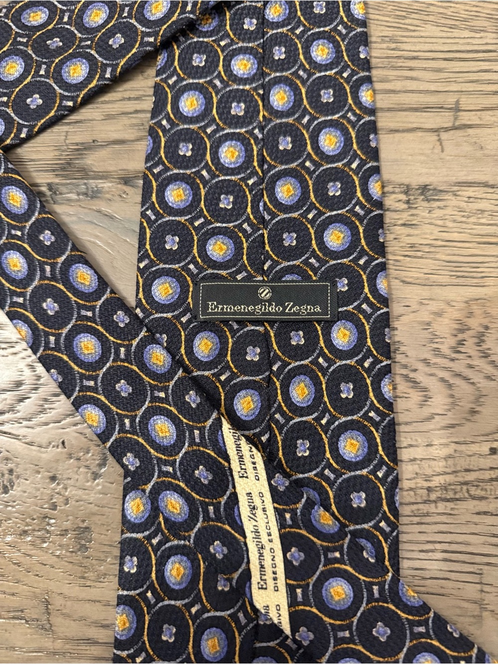 Ermenegildo Zegna Black Silk Tie with Blue and Yellow Geometric Circles